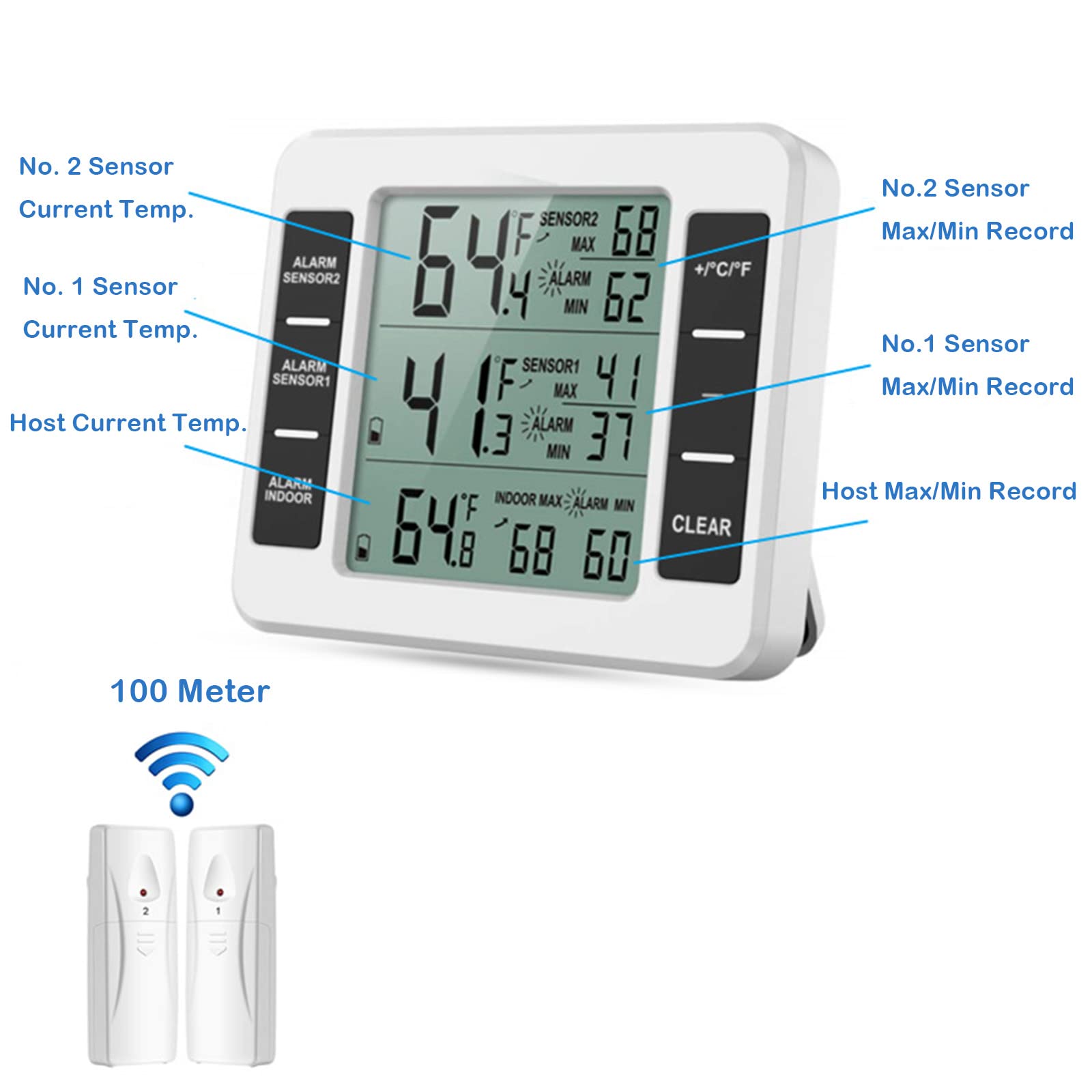 Refrigerator Thermometer, Wireless Digital Fridge Freezer Thermometer With Audible Alarm, Max/Min Temperature Display And 2 Sens