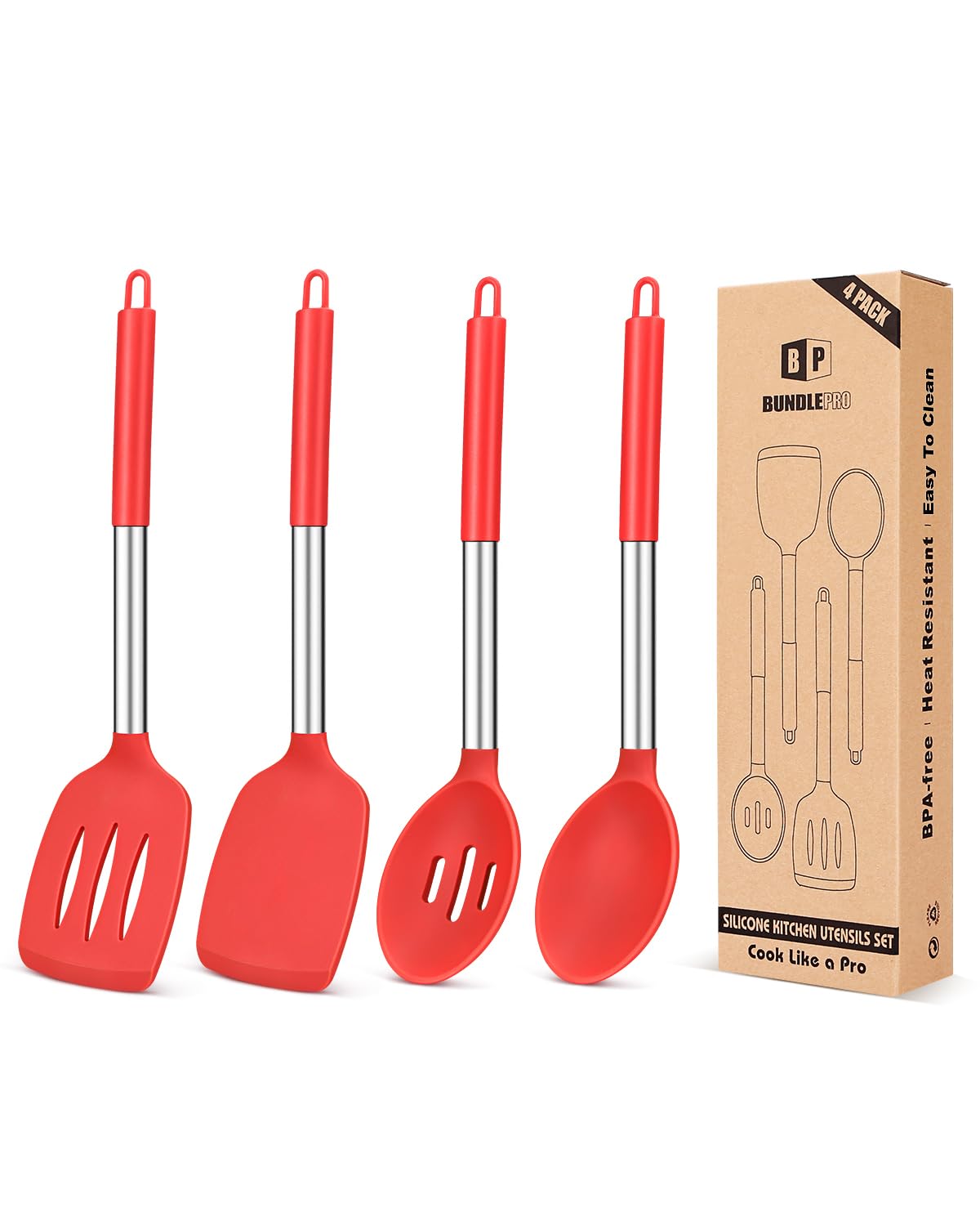 Pack of 4 Silicone Cooking Utensils Set, Non Stick Large Solid Spatulas, Heat Resistant Slotted Spoons, Ideal BPA Free Kitchen T