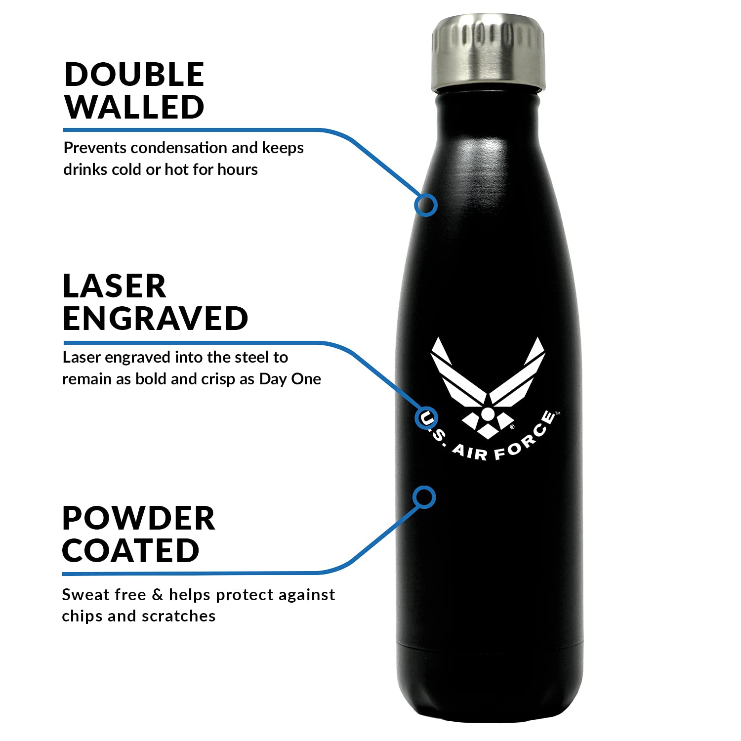 US Air Force 17oz Double Wall Vacuum Insulated Stainless Steel Airman Water Bottle - Perfect for USAF PT and Outdoor Sports