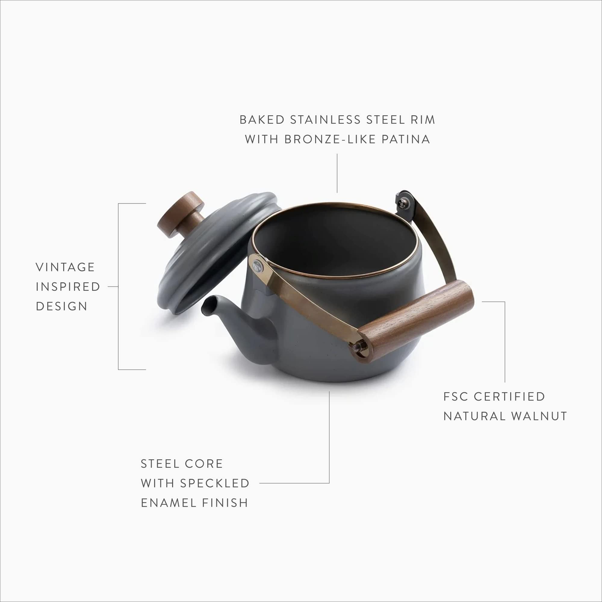 Barebones Enamel Teapot - Vintage Inspired Design - Baked Stainless Steel Rim - Fsc Certified Natural Walnut Handle Tea Kettle -