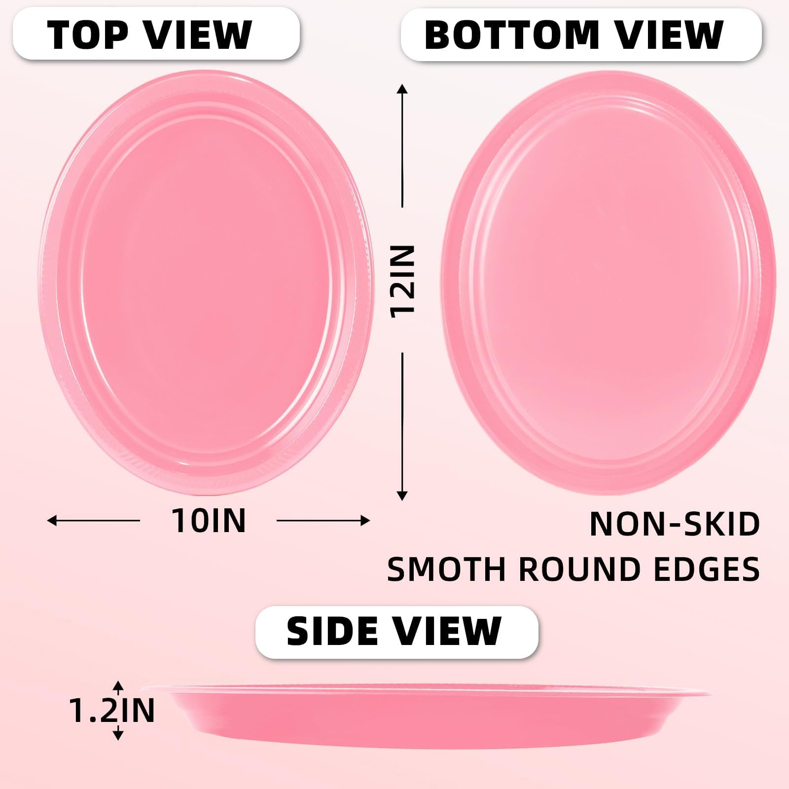 Bonsiny 50 Count Pink Plastic Plates Disposiable 10'' X 12'' Oval Pink Plates For Girls Baby Bridal Shower Birthday Valentine'S