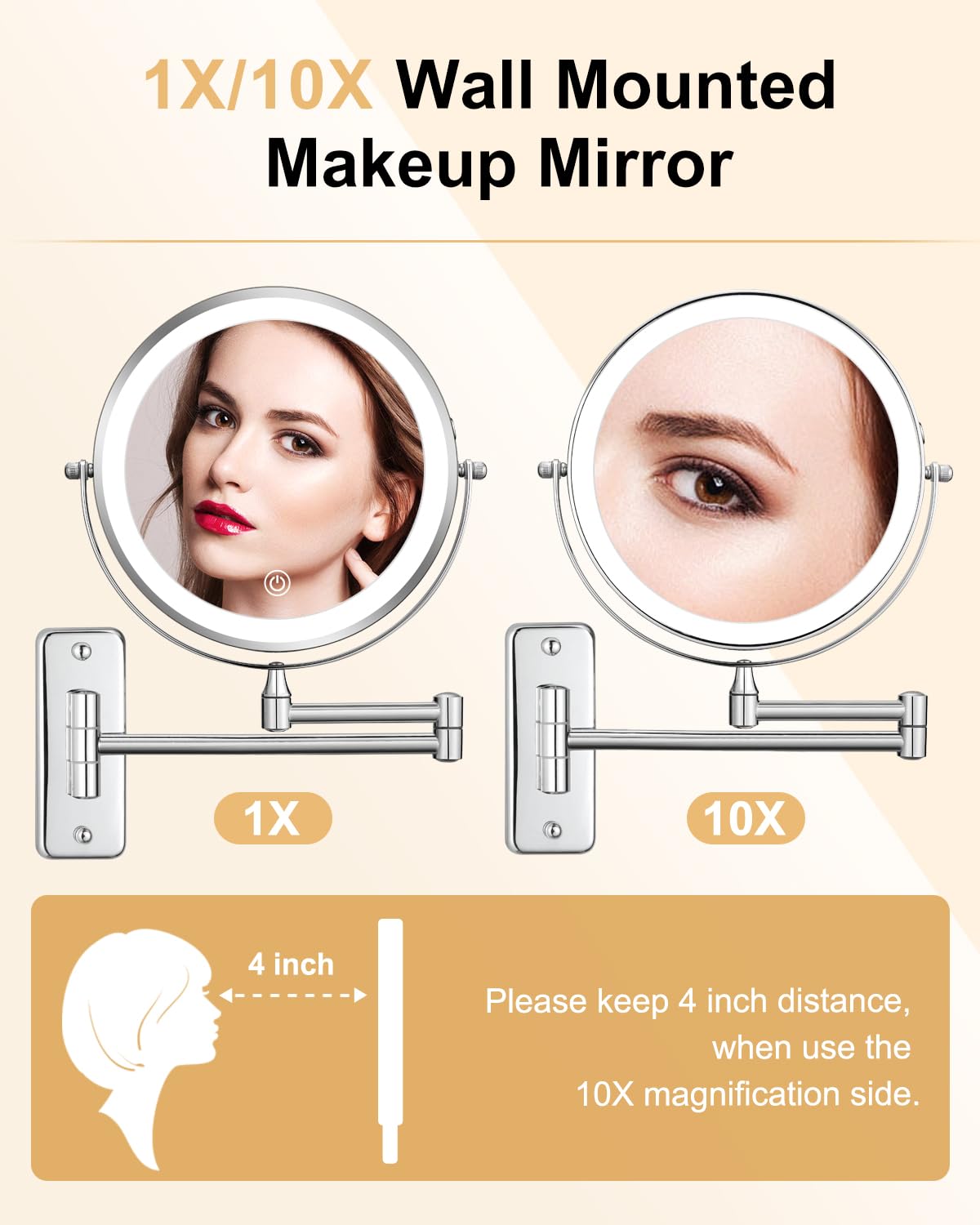 DECLUTTR 8" Rechargeable Wall Mounted Makeup Mirror, 1X/10X Magnifying, Dimmable LED, Chrome-led, Model J851E