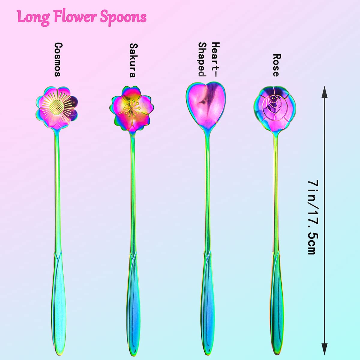 Flower Spoon Set Of 4 Pcs, Leefone 7'' Flower Pattern Long Handle Spoon Stainless Steel Reusable Tea Scoops Stirring Spoon Ice C
