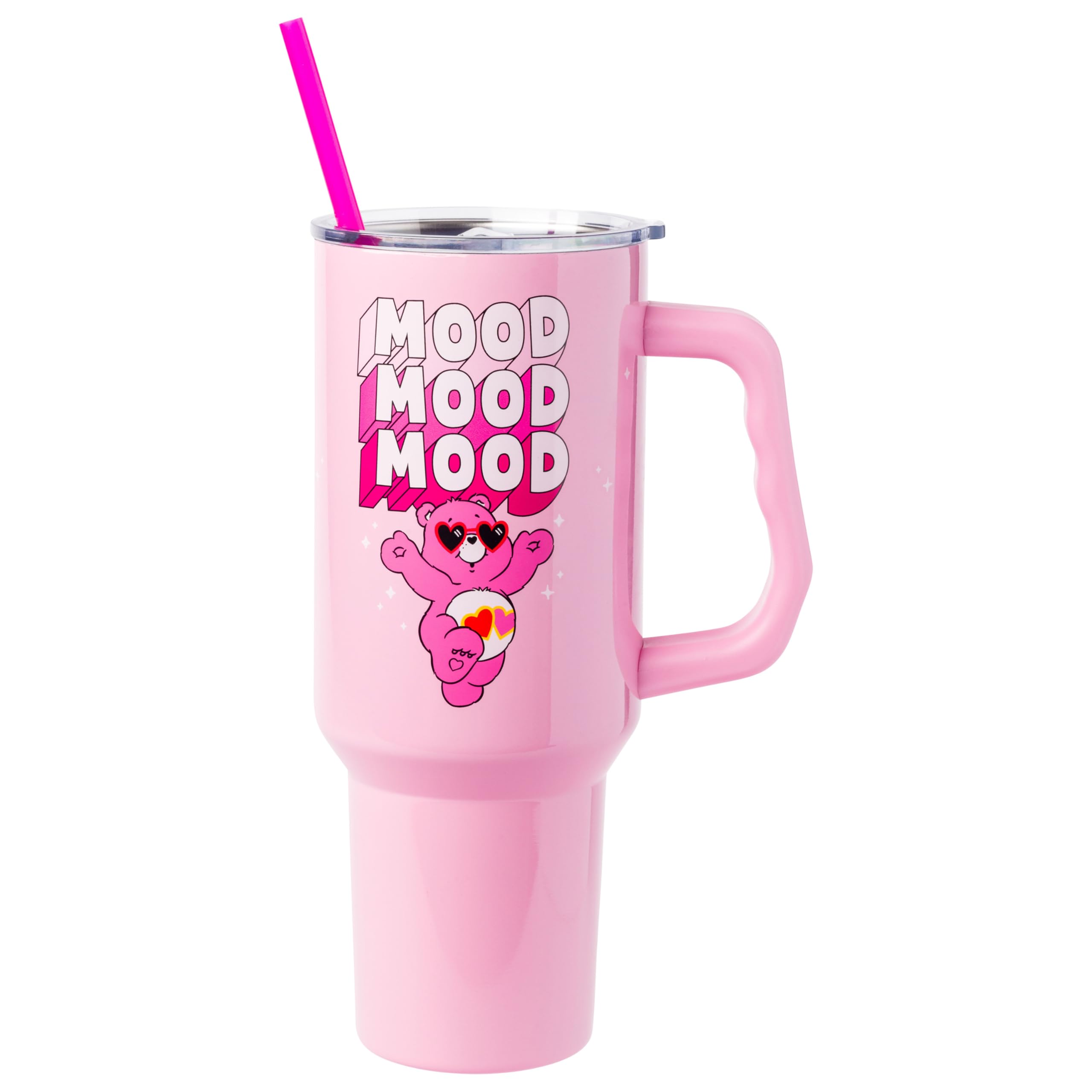 Silver Buffalo Care Bears Love-A-Lot Bear Mood Stainless Steel Tumbler with Handle and Straw, Fits in Standard Cup Holder, 40 Ou