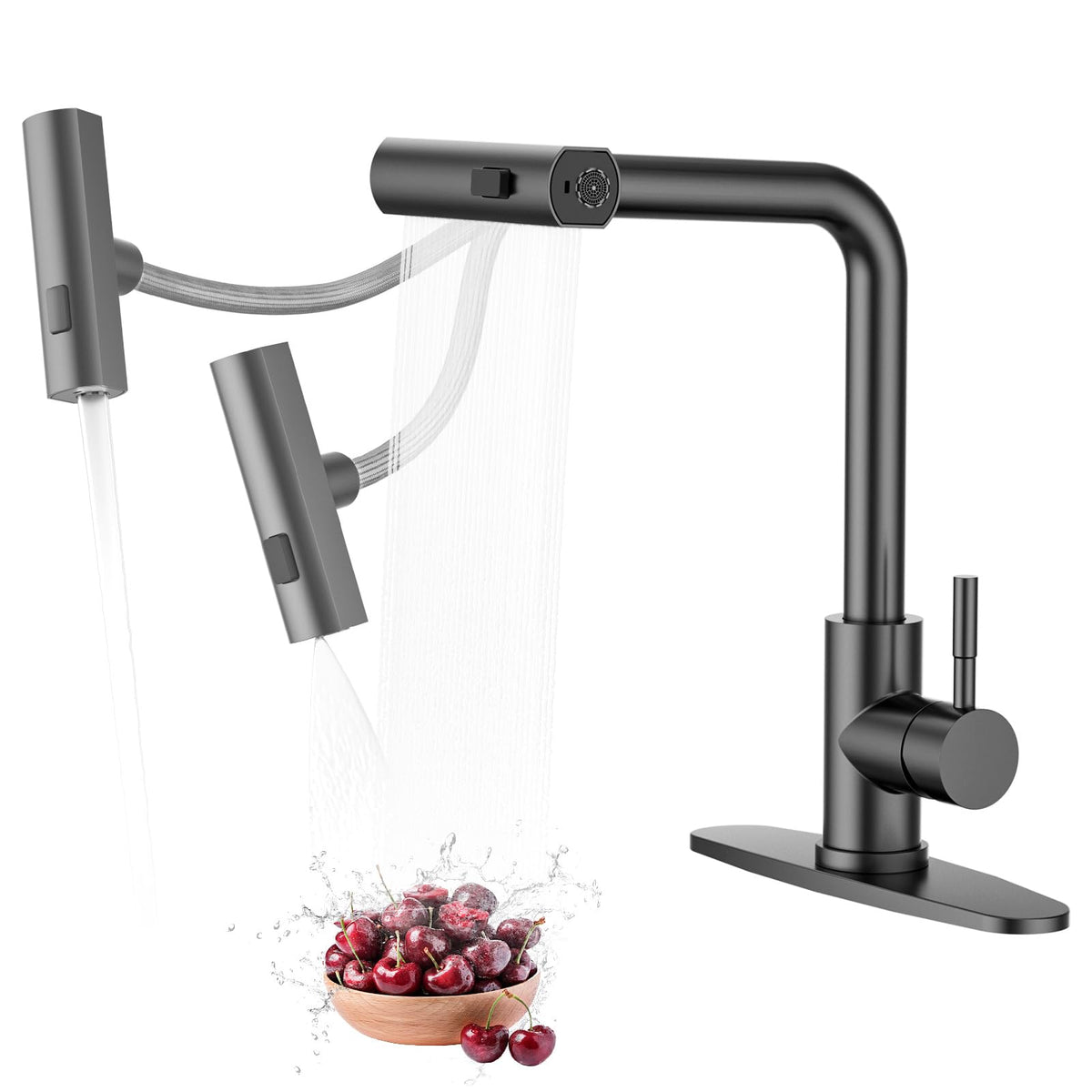 Waterfall Kitchen Sink Faucet With Sprayer: 3 Modes (Waterfall/Stream/Sweep) Pull Down Sprayer - Iviga Black Splash Proof Sink F