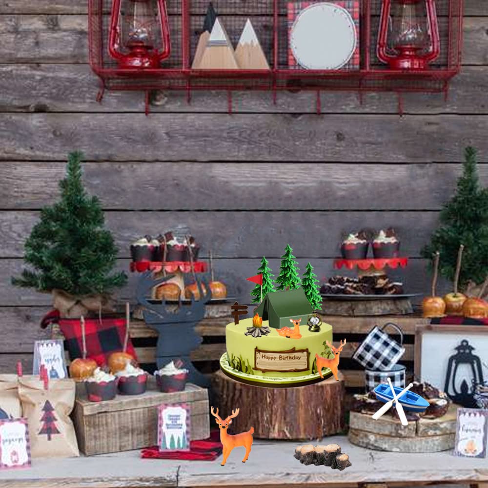 15Pcs Camping Cake Decorations - Camping Cake Toppers Fireside Camp Decor Set For Kids Camper Camping Fans' Birthday Party Cake