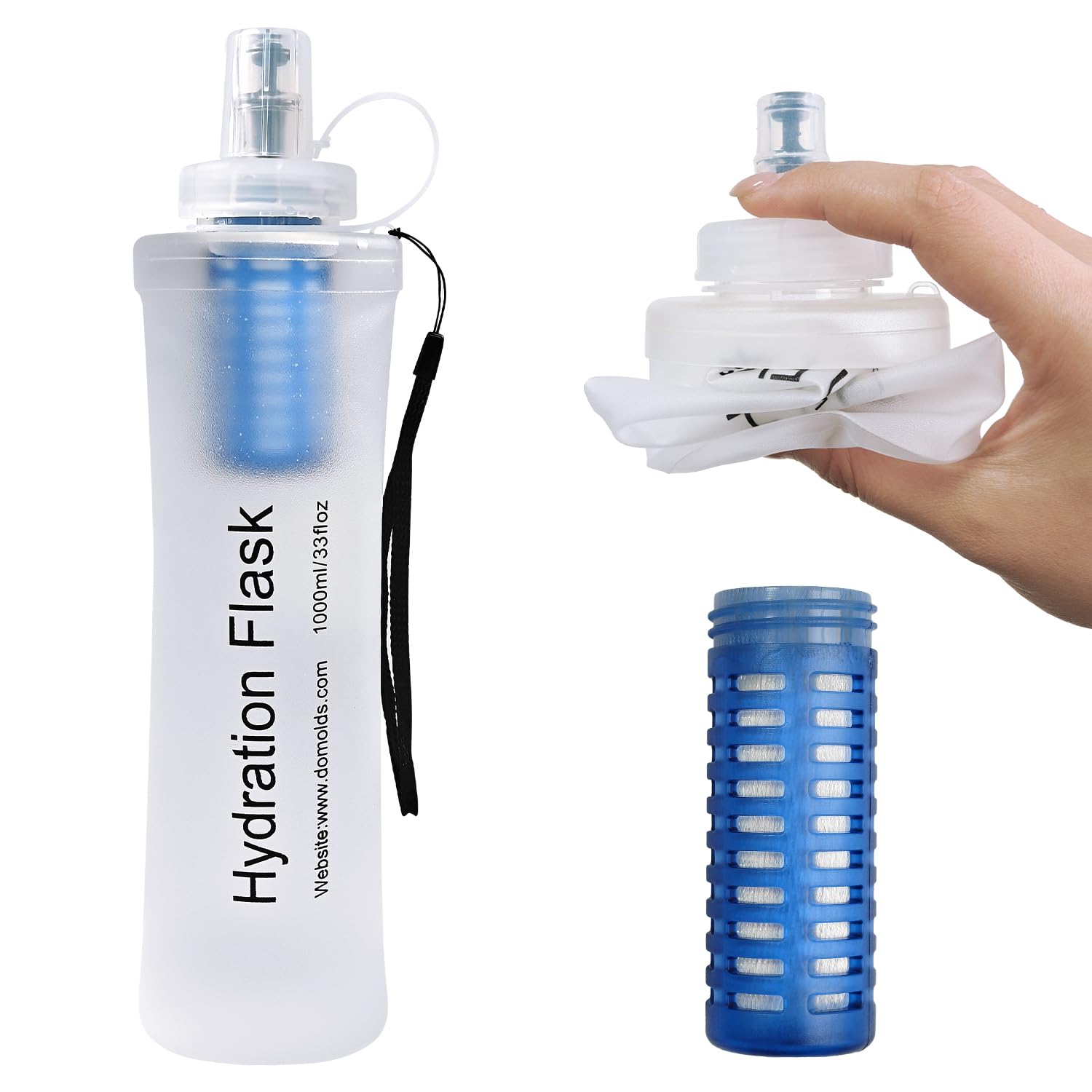 1L Collapsible Water Bottle with Filter for Hiking Backpacking(White)
