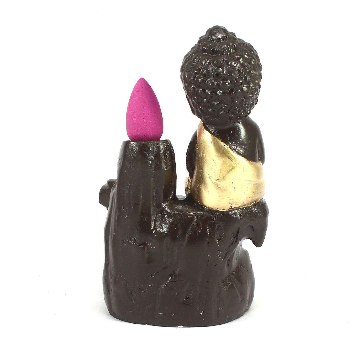 eCraftIndia Black Golden Meditating Monk Buddha Statue Smoke Backflow Incense Holder with Incense Cones Showpiece for Home Decor