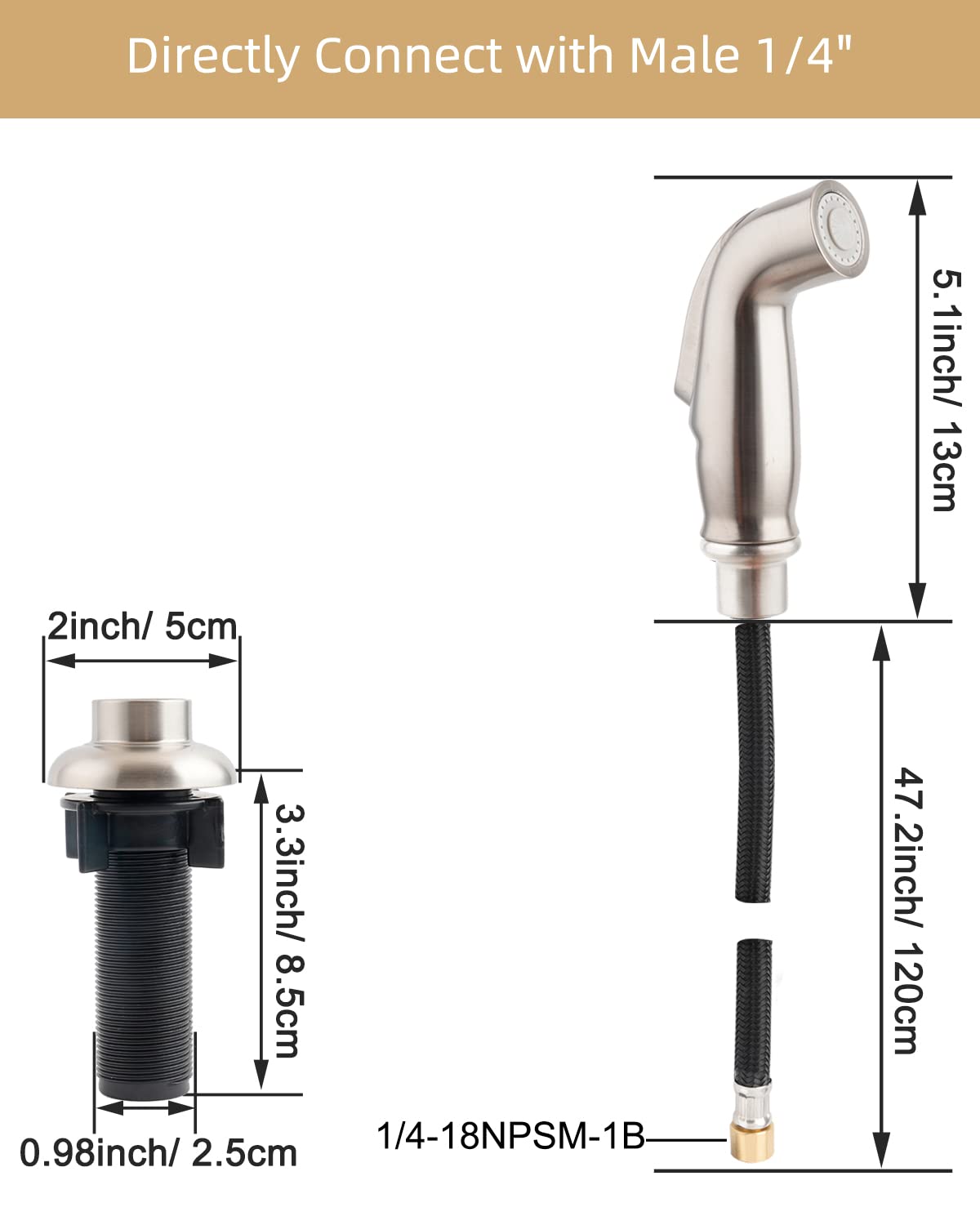 Hygie Rinse Kitchen Sink Side Sprayer Attachment, Brushed Nickel, Model HYsidesprayer-8036Braided, Quick Connector, Braided Hose