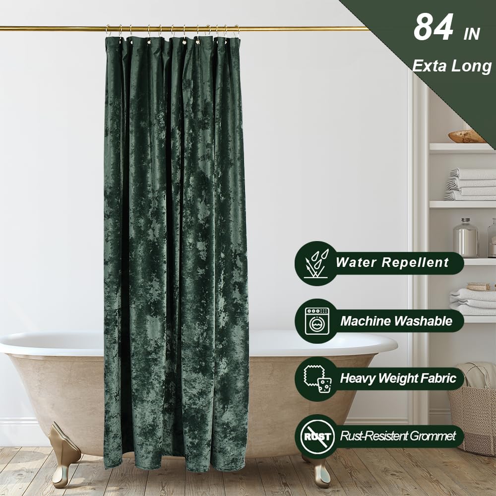 Tamgho 84 Inch Shower Curtain, Luxury Crushed Velvet Shower Curtain, Extra Long Dark Green Shower Curtain Set With Gold Decro Ho