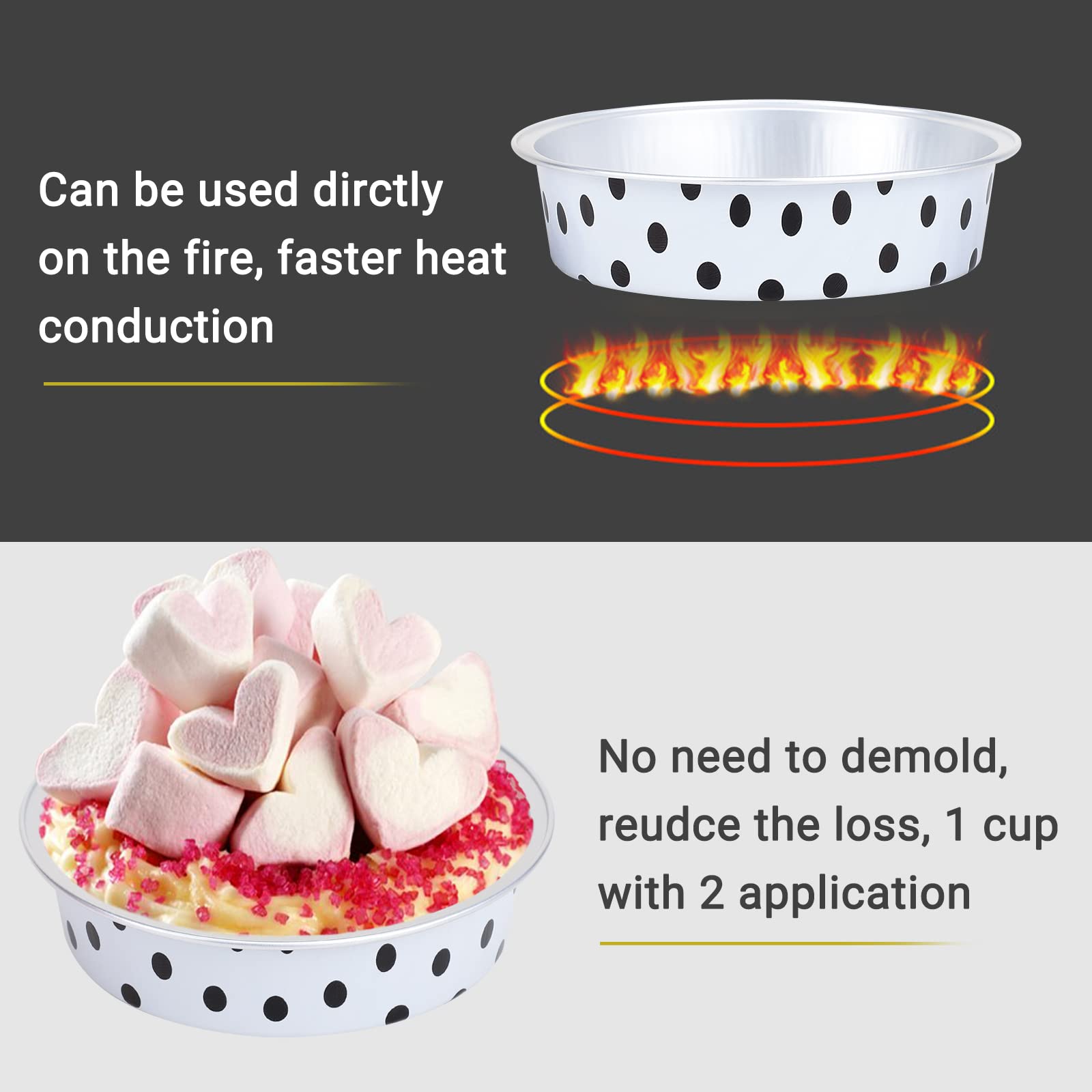 Beasea Mini Tart Pans with Lids 20 Pack  4? 8oz Disposable Aluminum Baking Foil Tins Round Small White Black Dot Container for Individual Cupcake Dessert Muffin Ramekin Cheesecake Quiche Oven Dishes