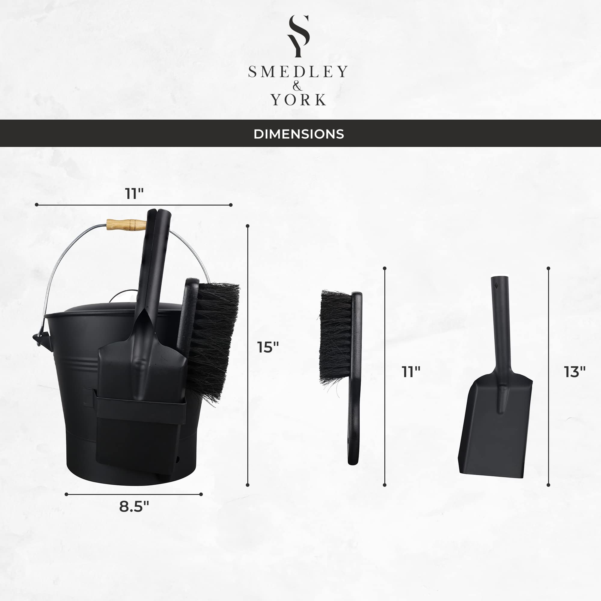 Smedley & York 2.15 Gallon Black Ash Bucket And Fireplace Tool Set With Lid, Shovel & Broom