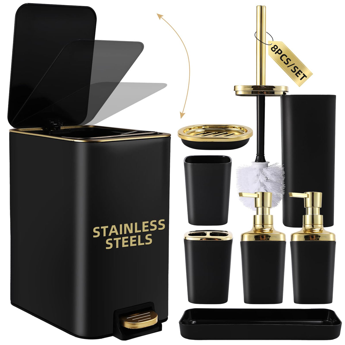 Xlhomo Black Bathroom Accessories Set 8 Piece Black And Gold Bathroom Set, Bathroom Sets With Stainless Steel Trash Can,Toilet B