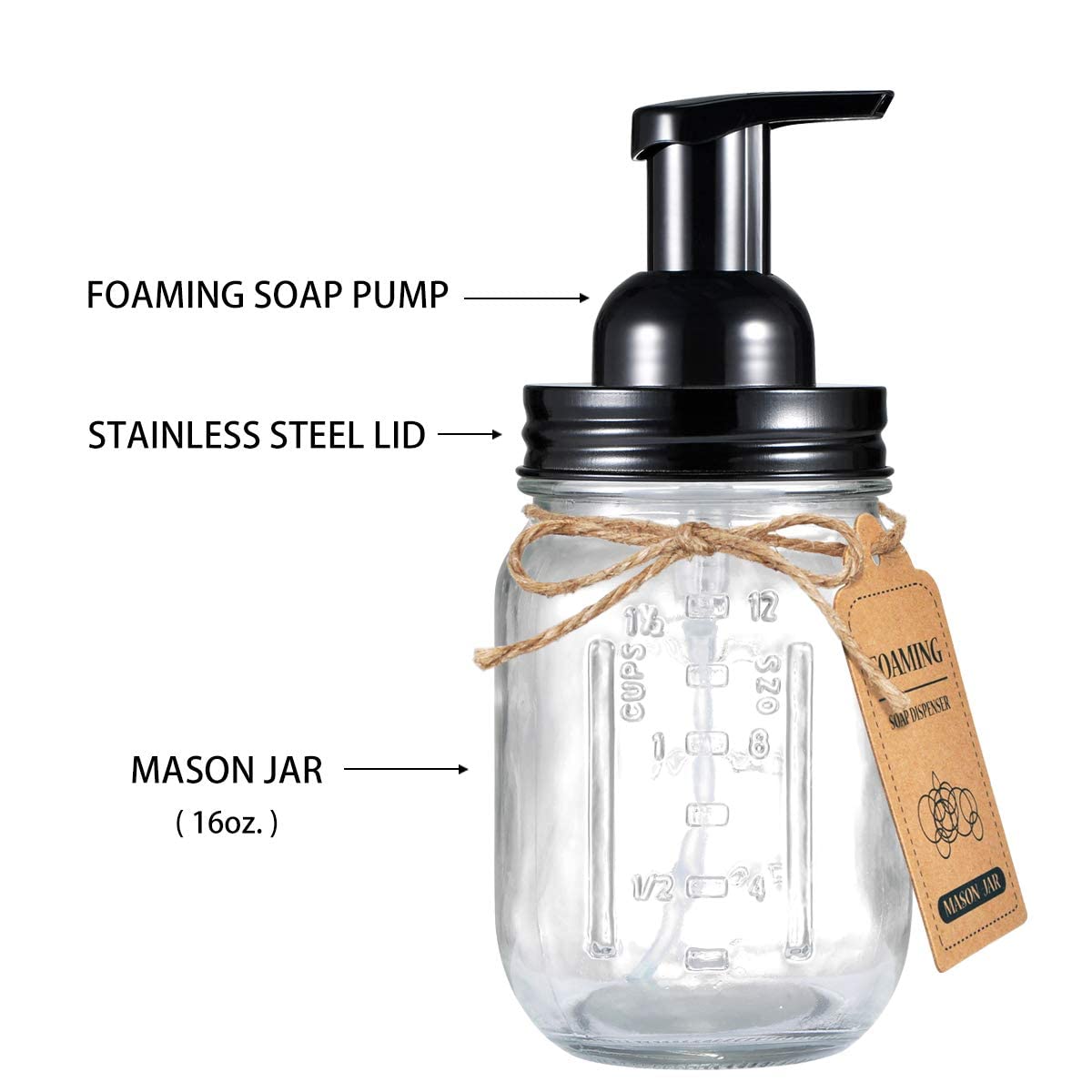 Mason Jar Foaming Soap Dispenser - Rustproof Stainless Steel Lidbpa Free Pump,With Chalkboard Labels - Rustic Farmhouse Decor Ha