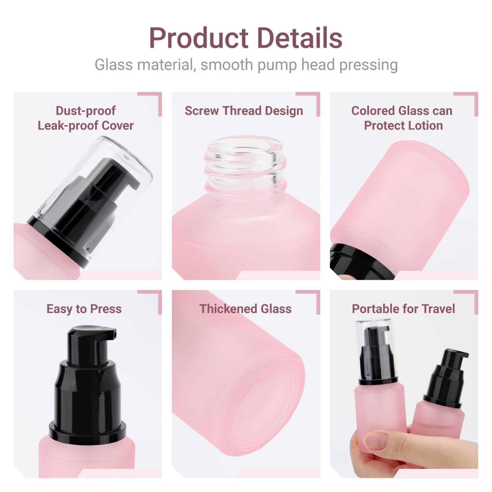 Segbeauty 1Oz Frosted Empty Glass Lotion Bottles, 5Pcs Small Pump Bottle Travel Size Pump Dispenser, 30Ml Pink Reusable Cosmetic