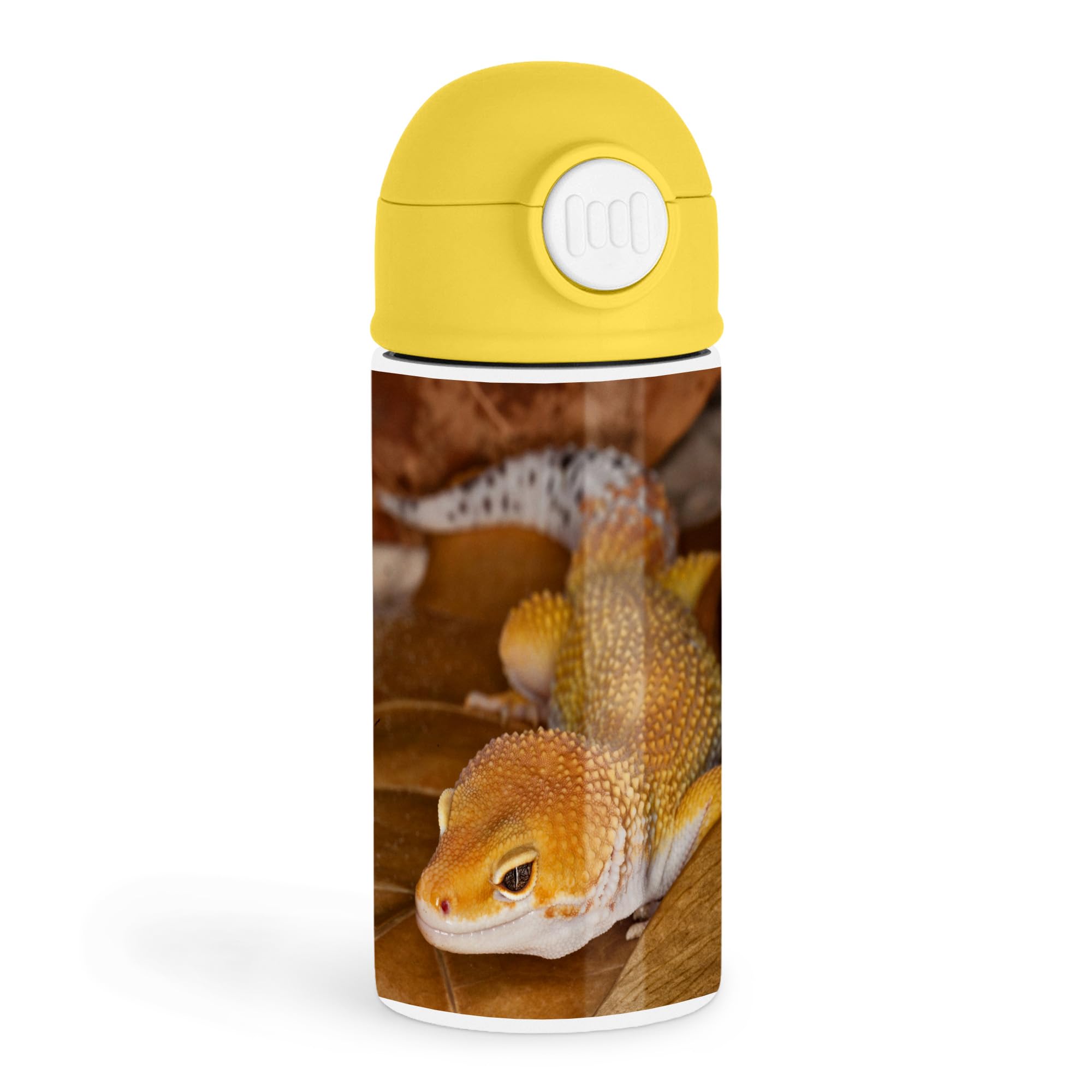 Empowering Lizard Enthusiast 12oz Kids Yellow Bottle  Vibrant leopard gecko on a warm background  Zoo Visit, School Lunch