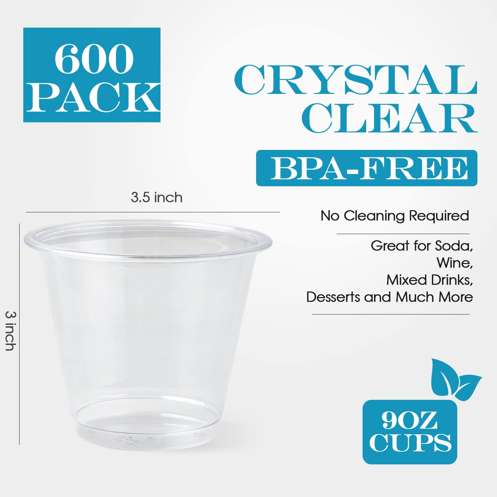 Turbo Bee 600 Pack 9 Oz Clear Plastic Cups, Disposable Reusable Tumblers Crystal Clear Pet Cups For Wedding, Thanksgiving, Hallo