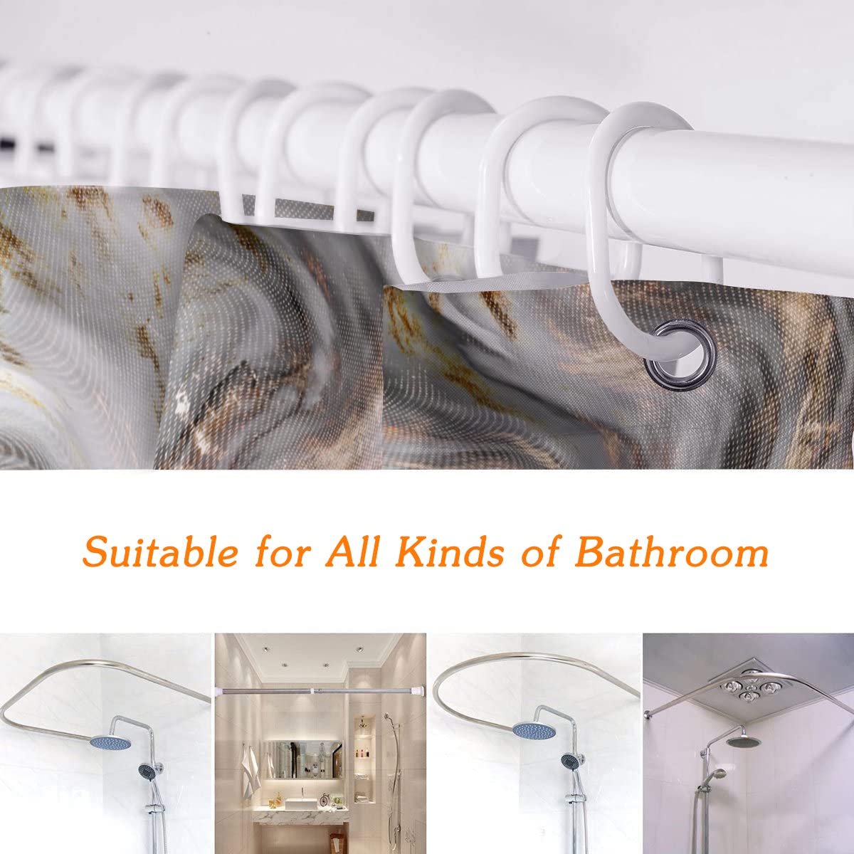 Marble Shower Curtain Light Grey Brown Shower Curtains for Bathroom Retro Style Paintbrush Colors in Marbling Texture Waterproof Polyester Fabric Shower Curtain Sets with Hooks 72x72 Inch