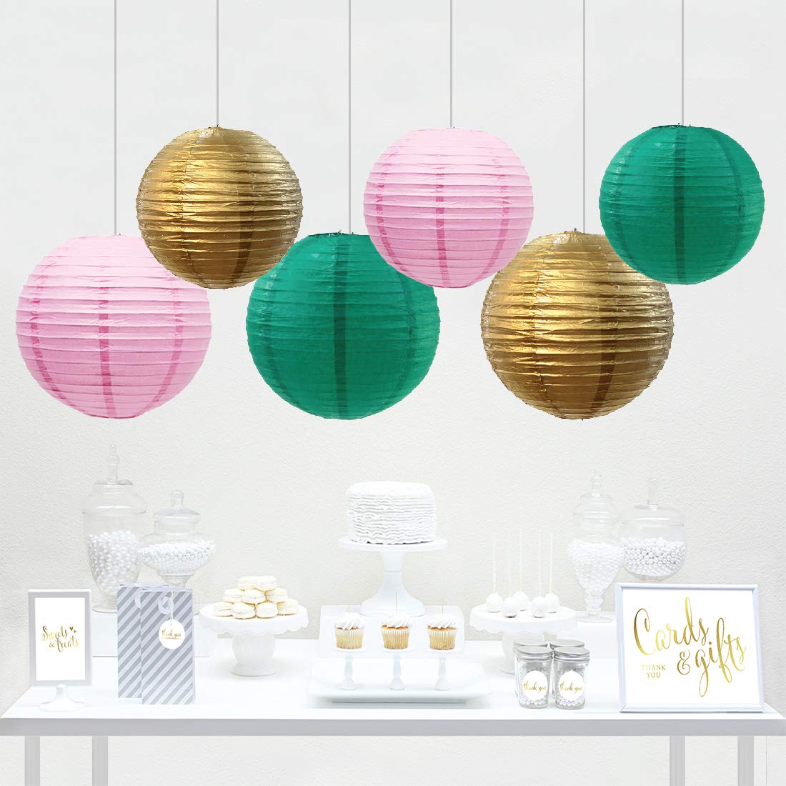 Andaz Press Blush Pink, Emerald Green, Gold Hanging Paper Lanterns Decorative Kit, 6-Pack Table Party Sign, Tropical Luau, Cactu