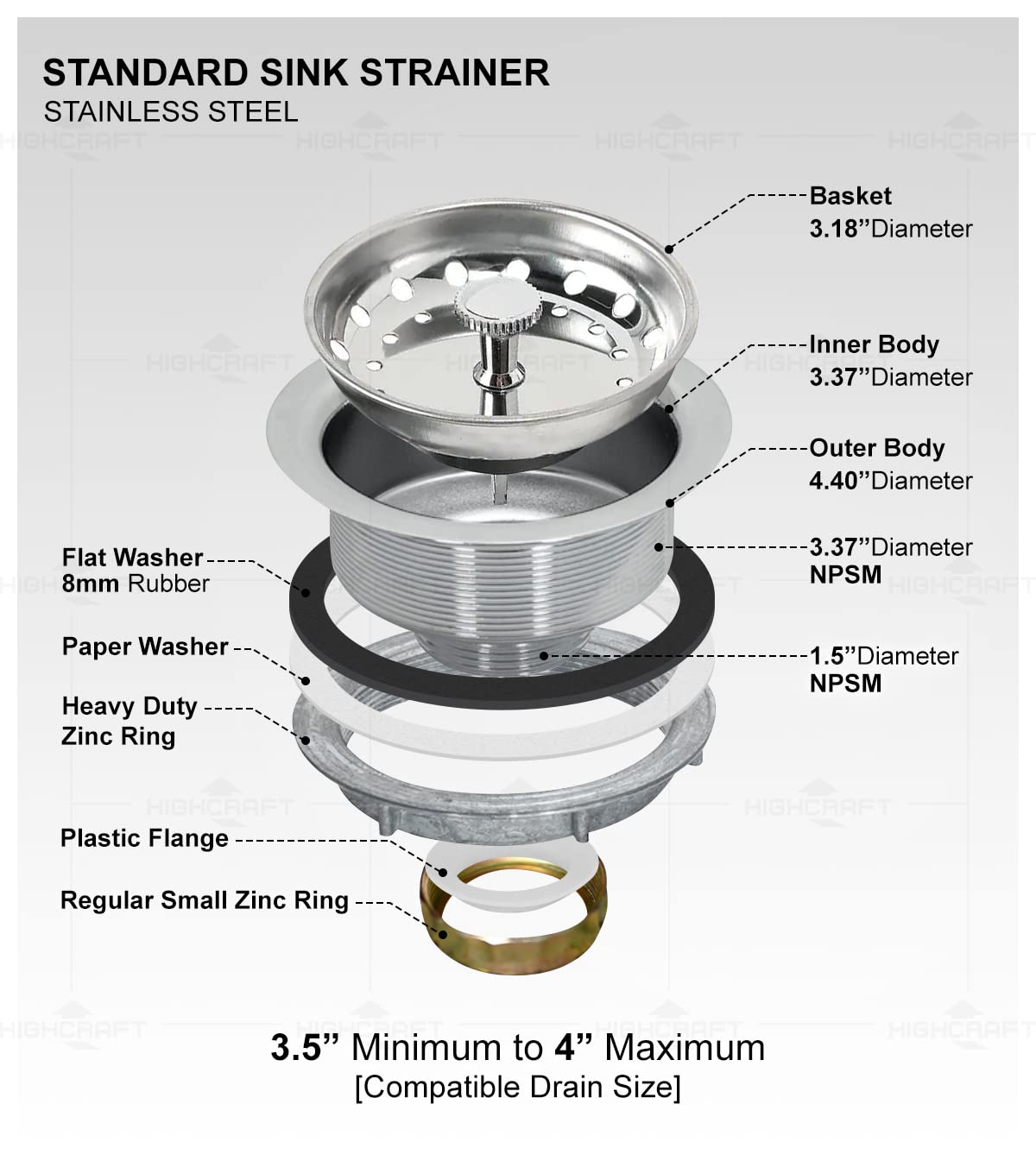 Highcraft 7511 Kitchen Sink (3-1/2'' Inch) Stainless Steel Drain Assembly With Strainer Basket-And Rubber Stopper, 3.5