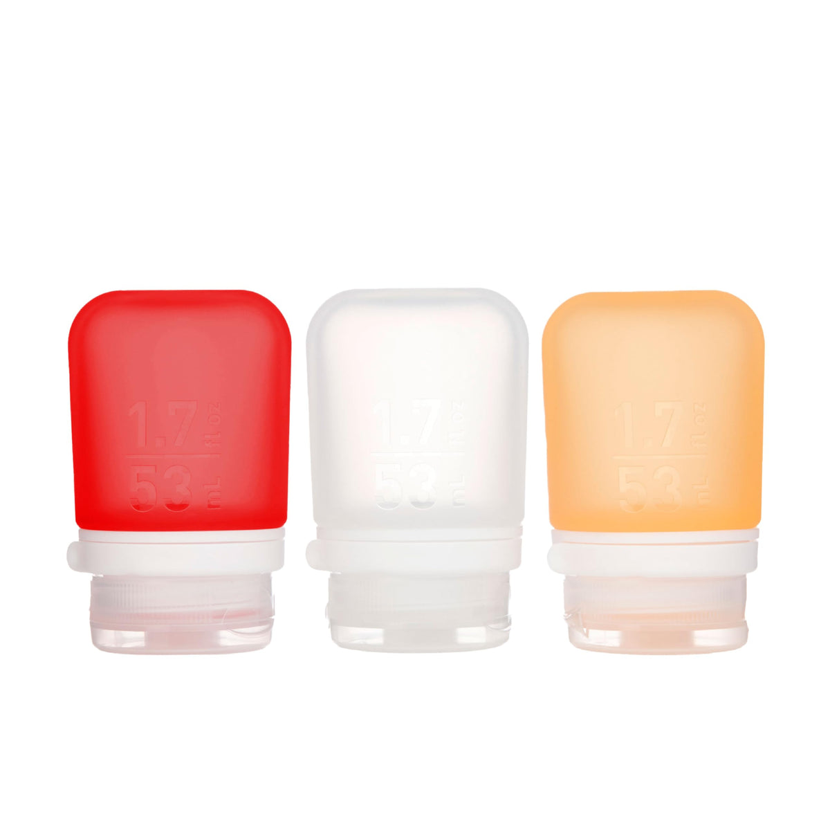 Humangear Gotoob+ 3-Pack (Small) | Refillable Silicone Travel Bottle | Locking Lid | Food-Safe Material, Clear/Red/Orange, Small