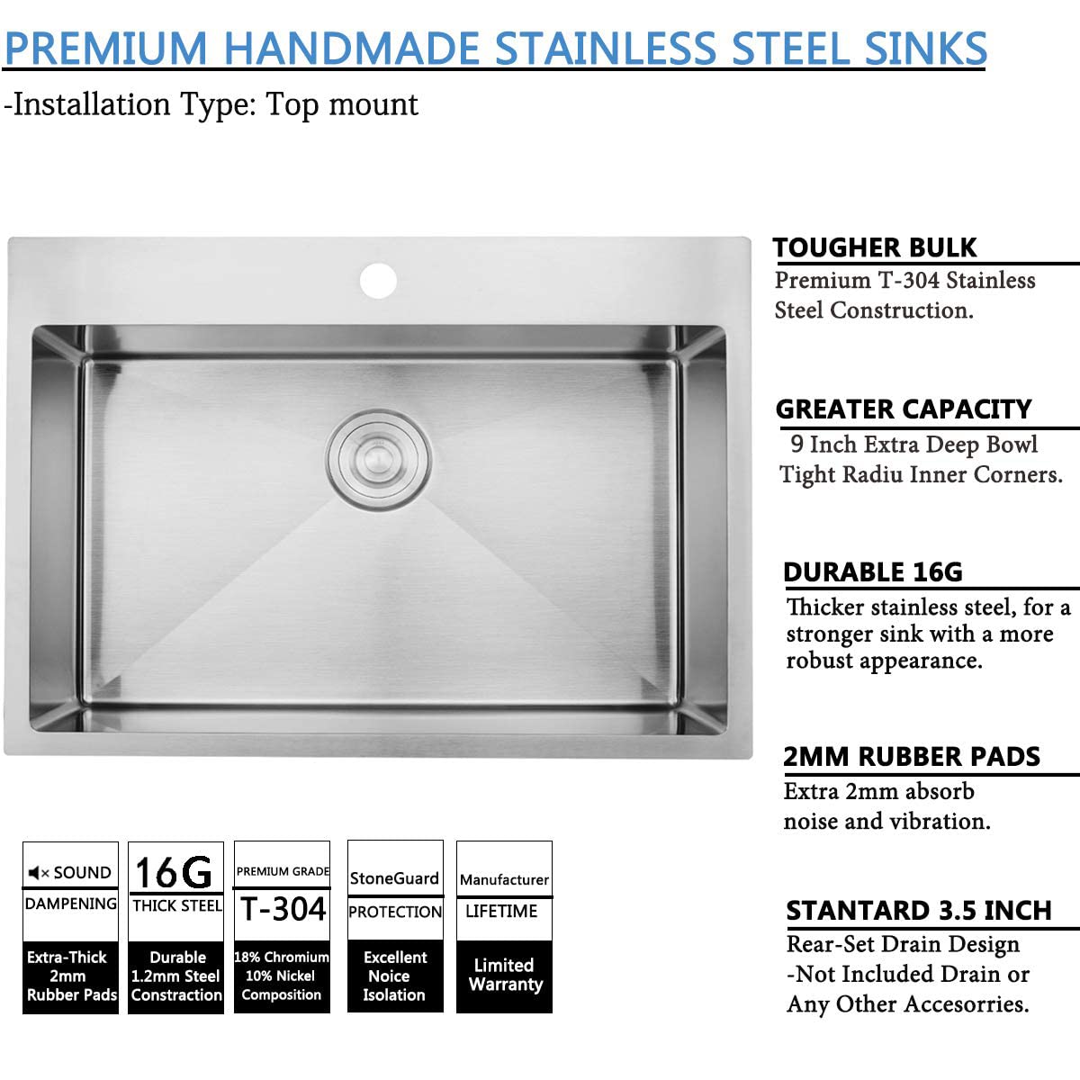 Shaco Commercial 28 Inch 16 Gauge Top Mount Drop-In Single Bowl Basin Handmade T304 Brushed Nickel Kitchen Sink, Stainless Steel