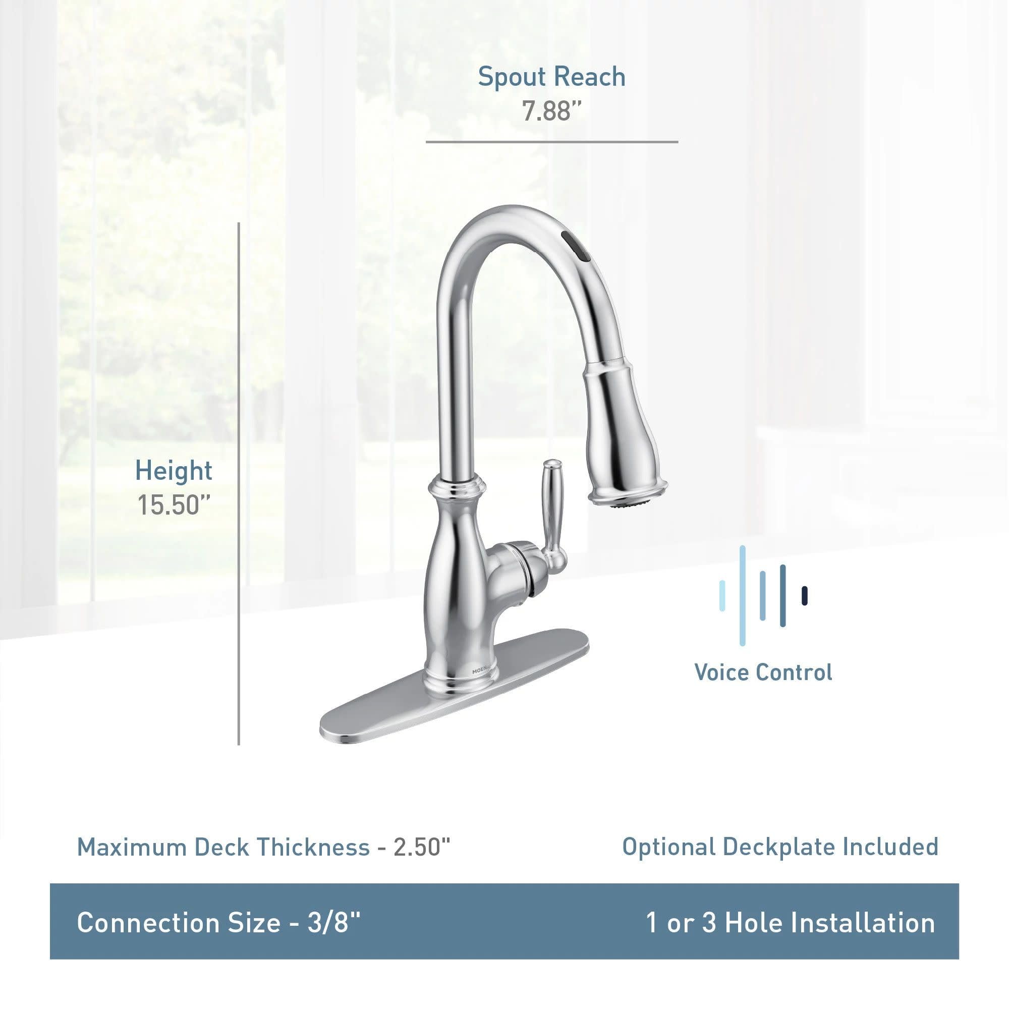 Moen Brantford Chrome Smart Faucet Touchless Pull Down Sprayer Kitchen Faucet With Voice Control And Power Boost, 7185Evc