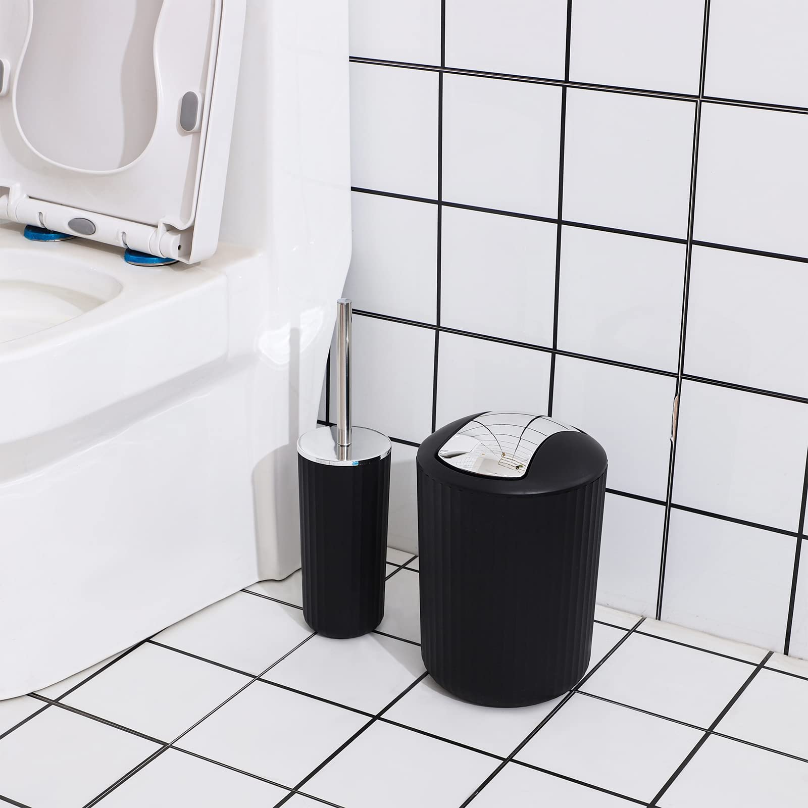 Ycoco Black Bathroom Accessories Set,8 Pcs Plastic Gift Set With Toothbrush Holder,Mouthwash Cup,Soap Dish, Soap Dispenser, Toil