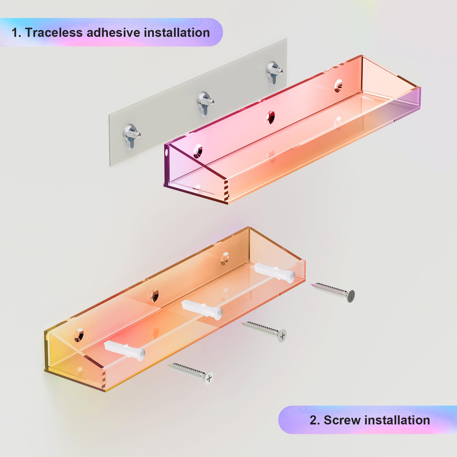 Bakzon 2 Pack Acrylic Shelves For Wall Storage, 15'' Floating Shelves, Kids Bookshelf, Nail Polish Holder, Perfume Display Shelf