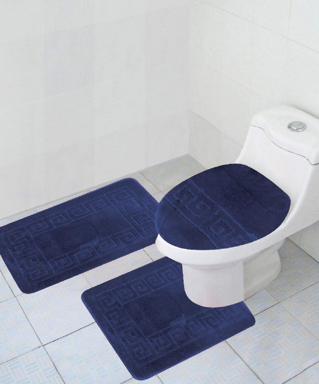 Wpm World Products Mart Bathroom Rugs Set 3 Piece Bath Pattern Rug (20X32)Large Contour Mats (20X20) With Lid Cover (Navy)