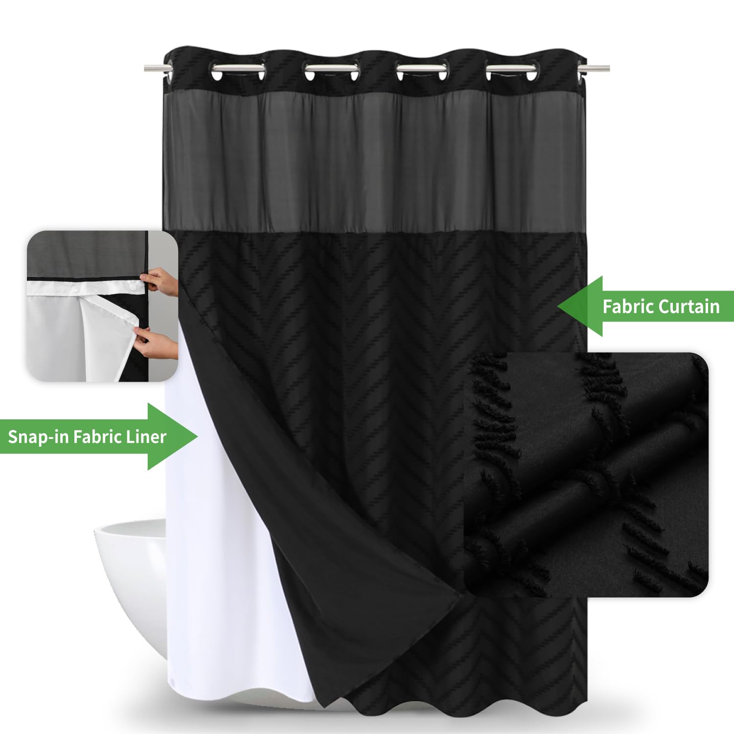 Eachope Extra Long No Hook Tufted Chevron Striped Shower Curtain With Snap-In Fabric Liner Set-71Wx86H(84H),Black Hotel Grade Bo