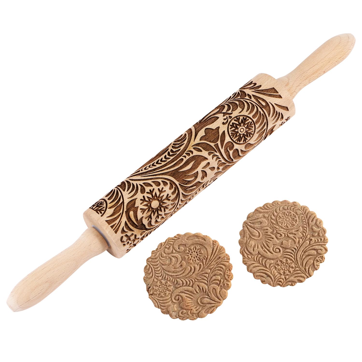 Embossed Wooden Rolling Pin For Baking,Evermarket Deep Engraved Embossing Rolling Pin With Christmas Snowflake Flower Design For