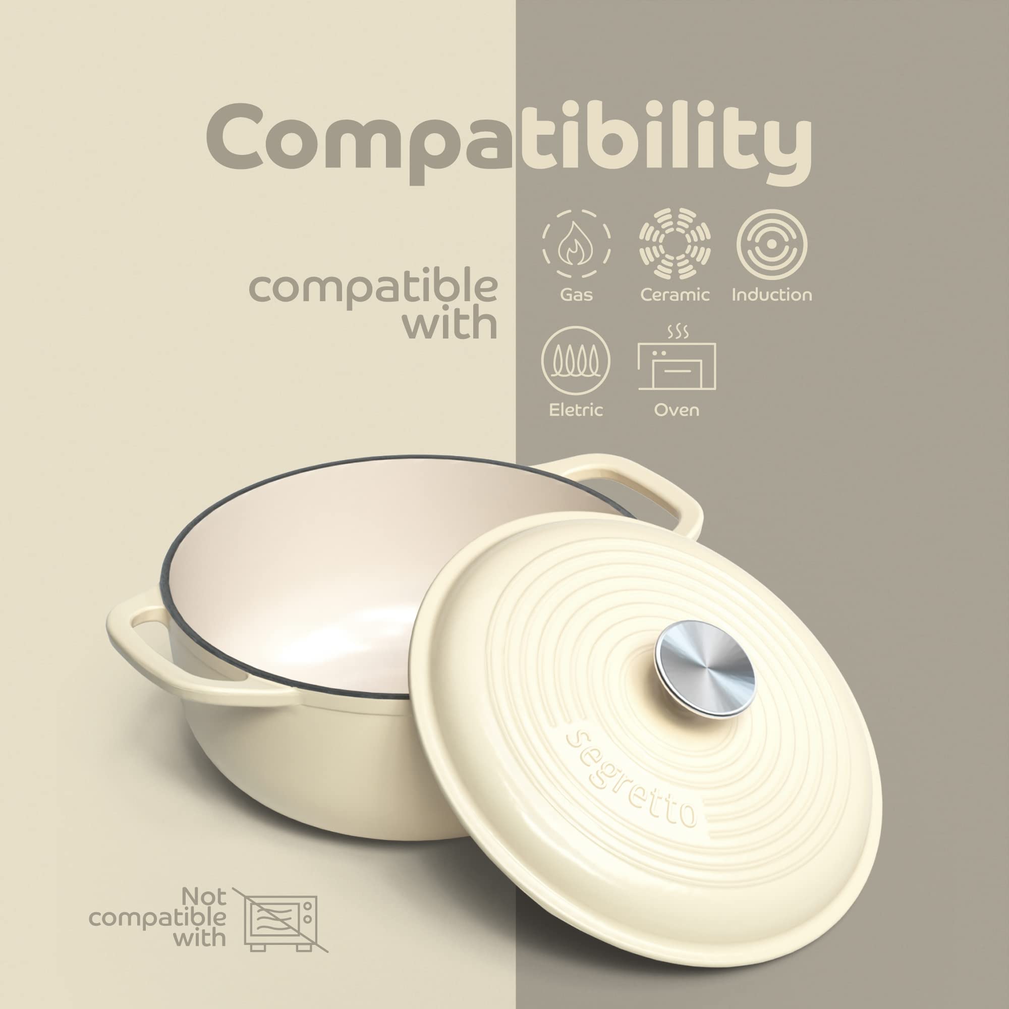 Segretto Cookware Enameled Cast Iron Dutch Oven Pot With Lid 4.57 Quarts, Bianco Perla (Off-White) White Enamel Dutch Oven Cast