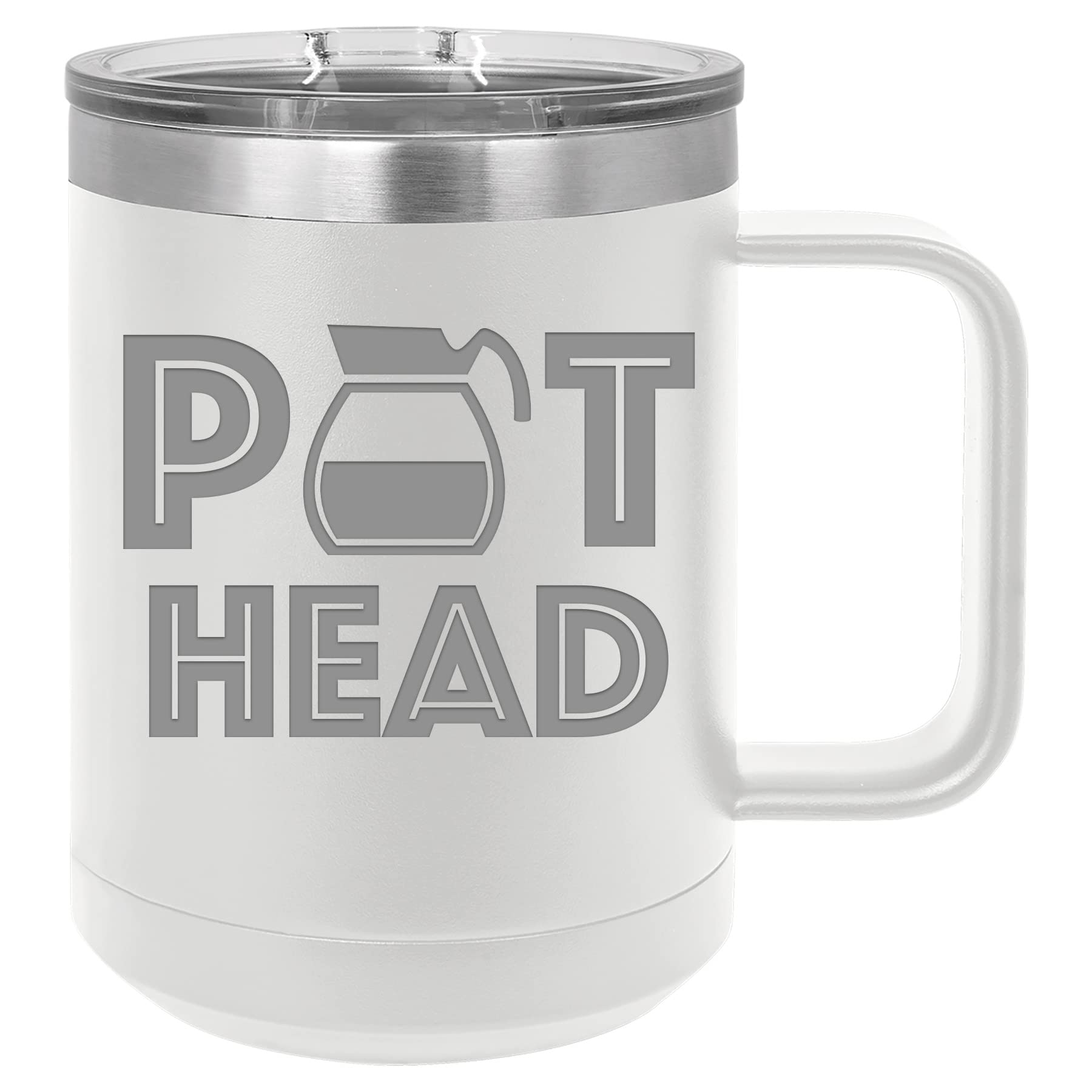 Griffco Supply Pot Head funny coffee mug for work, office, coworker - 15 ounce stainless steel insulated with lid (White)