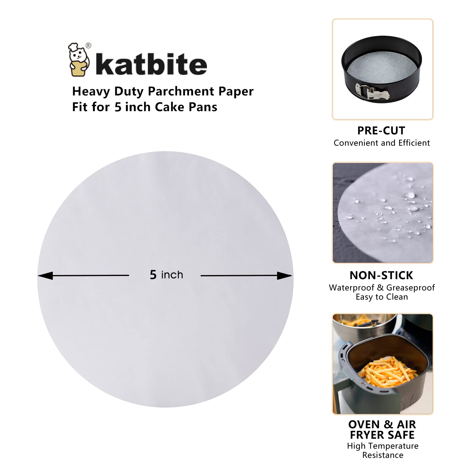 Katbite 200Pcs 5 Inch Parchment Paper Rounds, Extra Strong Heavy Duty & Non-Stick For Patty Separating, Freezing, Springform Cak