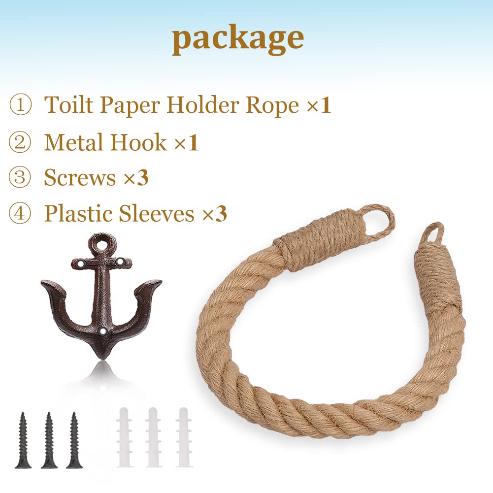 Nautical Rope Toilet Paper Holder Wall-Mounted Towel Ring Nautical Toilet Paper Holder With Metal Hooks Coastal Towel Rack Natur