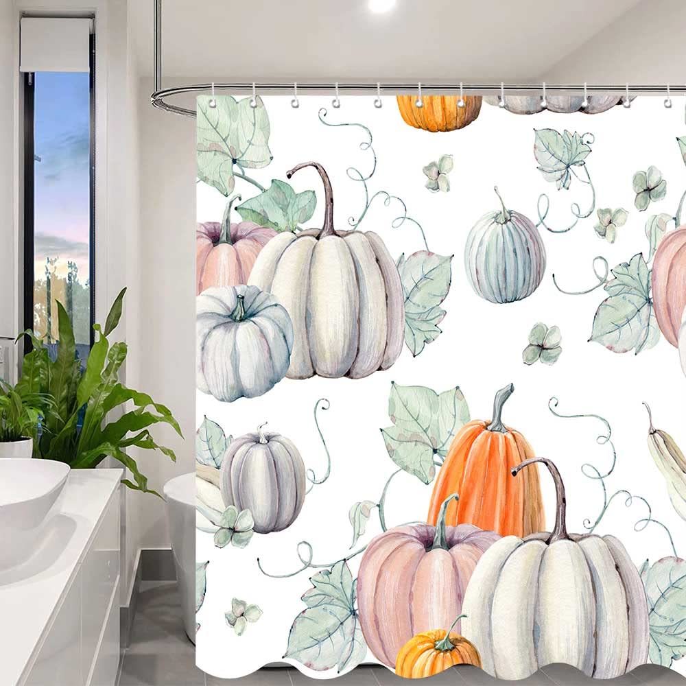 Icteisom Fall Pumpkin Shower Curtain, Autumn Harvest Thanksgiving Decoration Bathroom Shower Curtains With 12 Hooks Set 72X72 In
