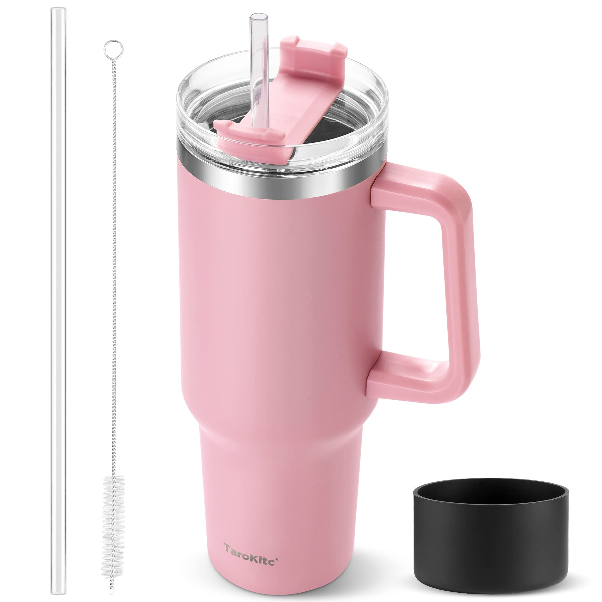 40 Oz Tumbler With Handle And Straw, Pink Insulated Travel Mug Iced Coffee Cup, Reusable Stainless Steel Insulated Water Bottle,