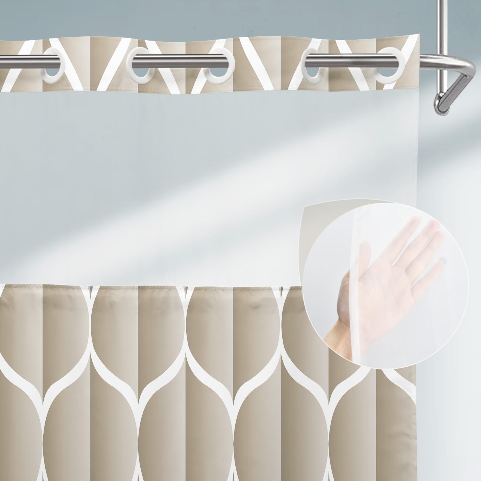 Yiatn No Hook Cream Shower Curtain With Snap In Fabric Liner Set - Hotel Style With See Through Mesh Top Window, Modern Geometri