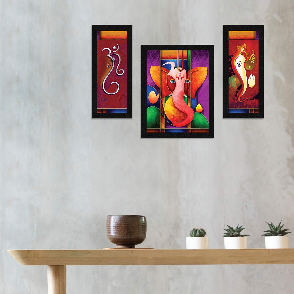 ArtX Paper God Ganesha/Ganpati Ji Multicolor Photo Frame Wall Art Painting, Multicolor, Abstract, 13.0 X 22.0 Inches, Set of 3