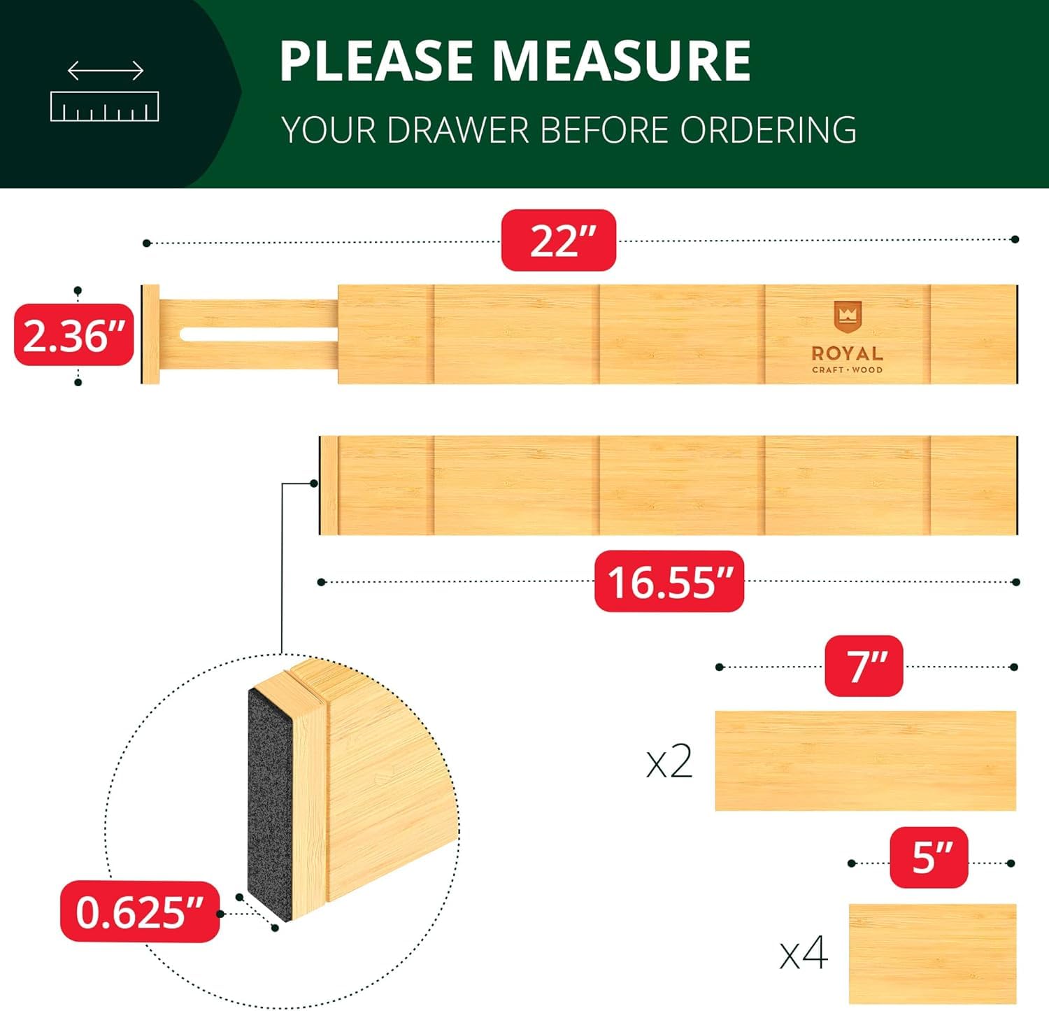 ROYAL CRAFT WOOD Adjustable Bamboo Drawer Dividers Organizers (17'' - 21.5'') with Inserts - Expandable Drawer Organization Sepa