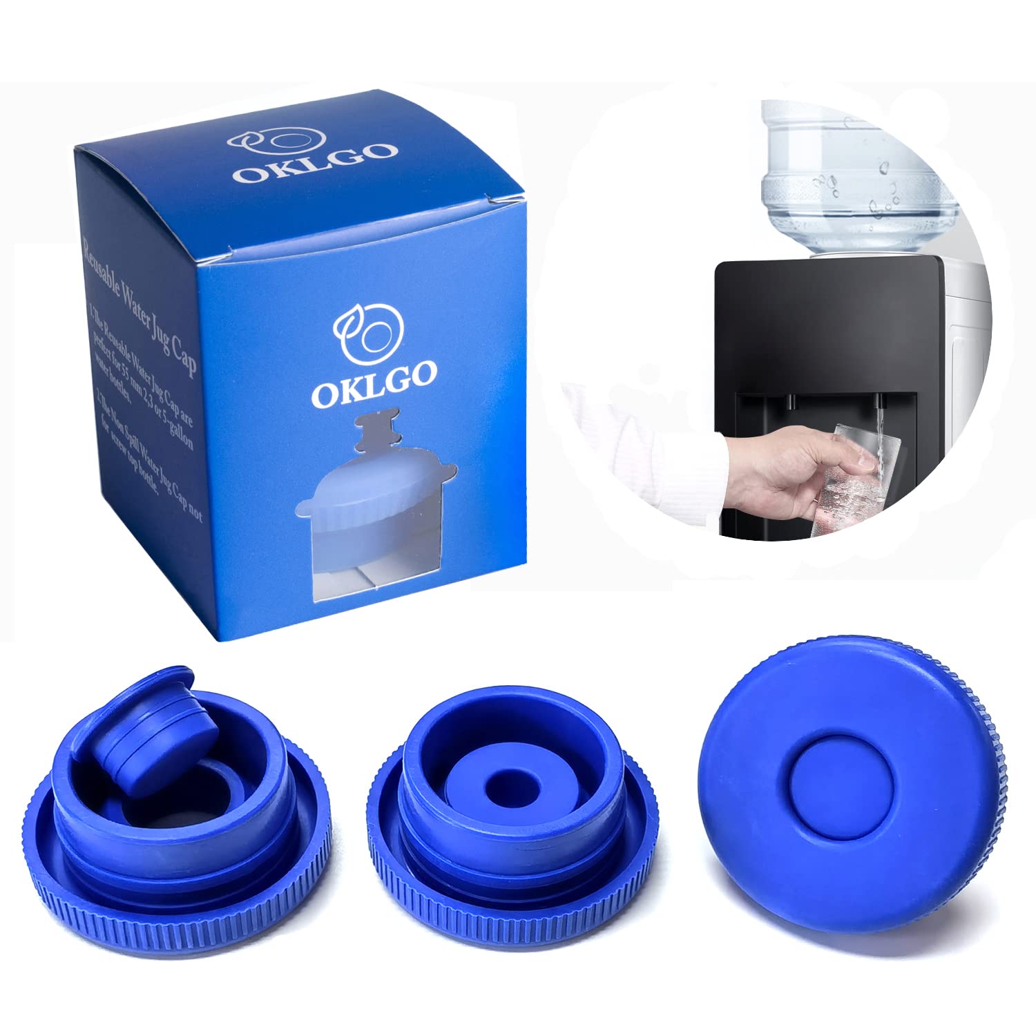 Oklgo 5 Gallon Water Jug Caps Reusable - Non-Spill 55Mm Water Bottle Caps,Silicone Replacement Cap Lids Anti Splash 3 Pack