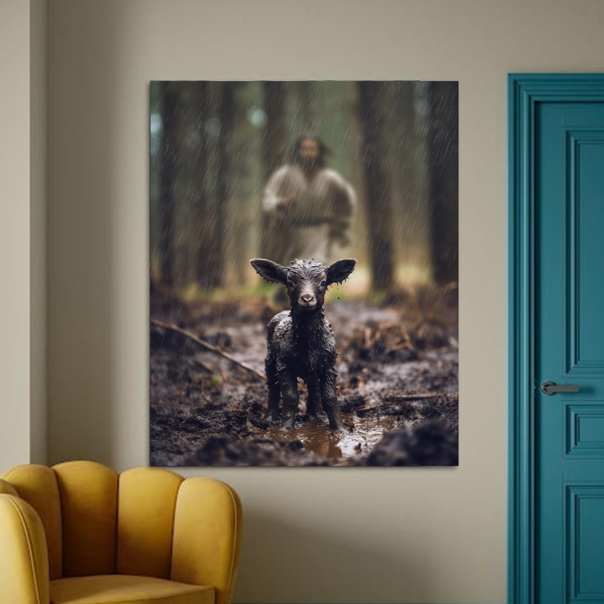 Jesus And Lamb Canvas Wall Art Black Sheep Lost Picture Wall Art Canvas Print Christian Home Decor 24X30 Inch