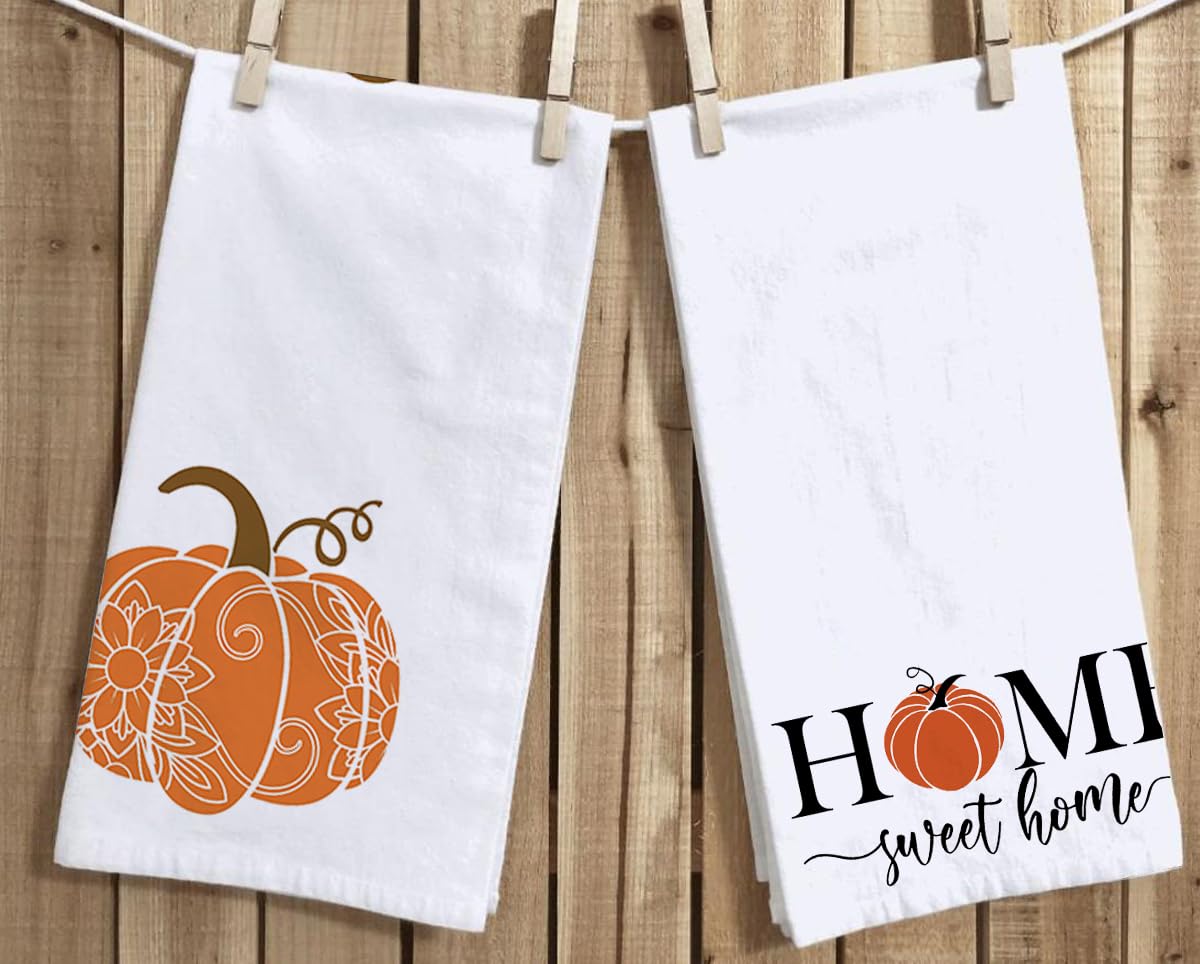 Fall Pumpkins Home Sweet Home Kitchen Dish Towel 18 X 28 Inch Set Of 2, Seasonal Autumn Harvest Thanksgiving Holiday Tea Towels