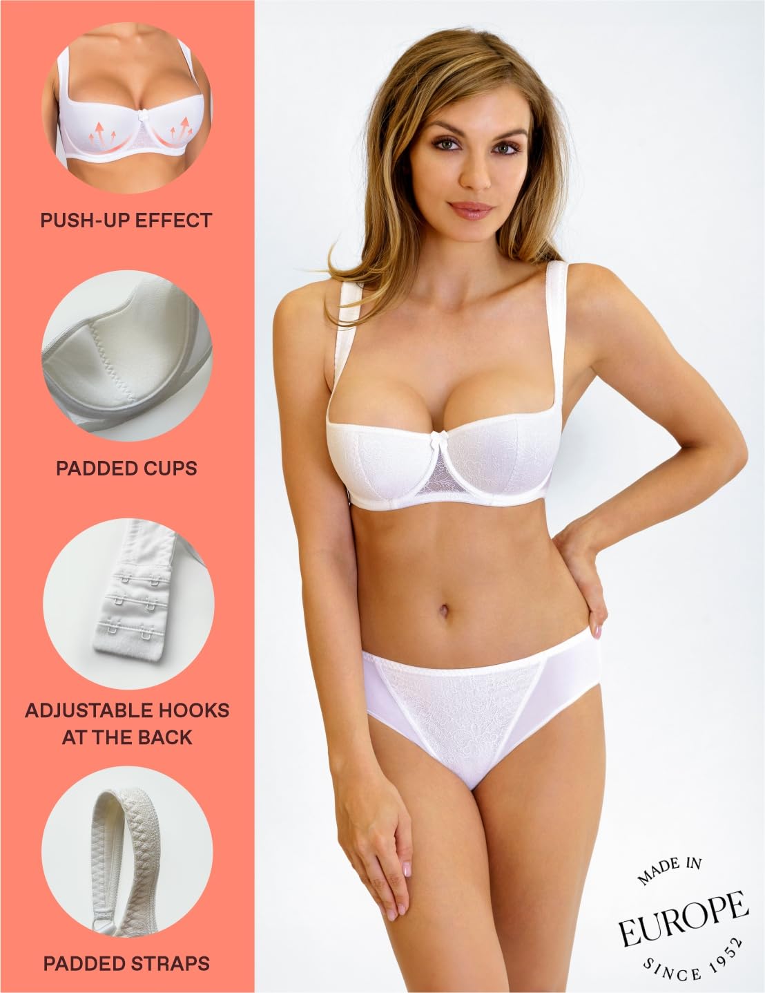 Rosme Womens Balconette Bra, Collection Grand, White, Size 42H