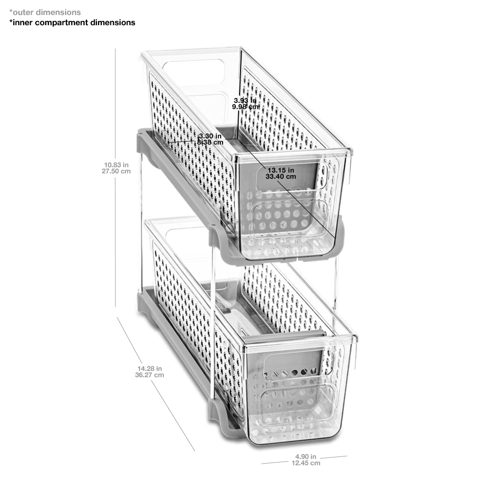 Madesmart Mini 2-Tier Organizer, Multi-Purpose Slide-Out Storage With Handles For Home And Bath, Clear, Pack Of 4
