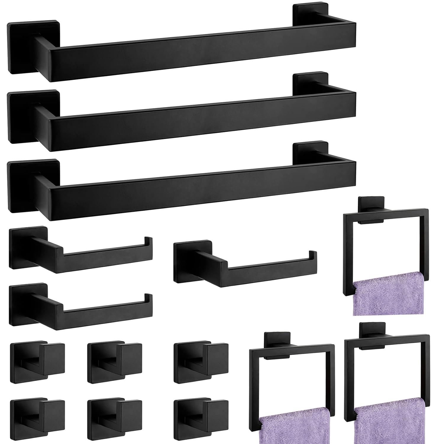 Bathroom Accessories Towel Bar Set: 15 Pieces Matte Black Bathroom Hardware Square SUS304 Stainless Steel - Wall Mounted Towel R