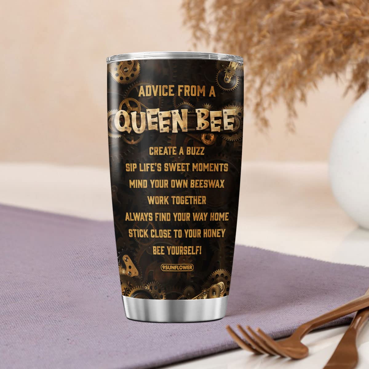9Sunflower Queen Bee Coffee Tumbler Birthday Gifts For Girls Women Animal Lovers Mechanic Style Travel Mug With Lid Insulated Cu