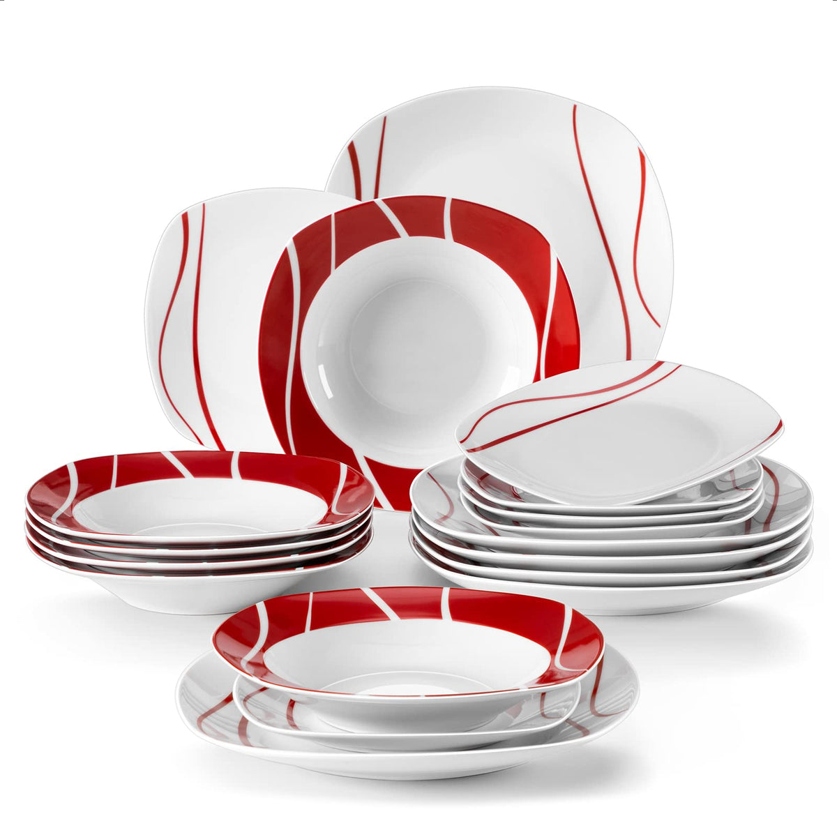 MALACASA Dinnerware Sets, 18-Piece Porcelain Square Dishes, Gray White with Red Rim, Modern Dish Set for 6 - Plates and Bowls Se