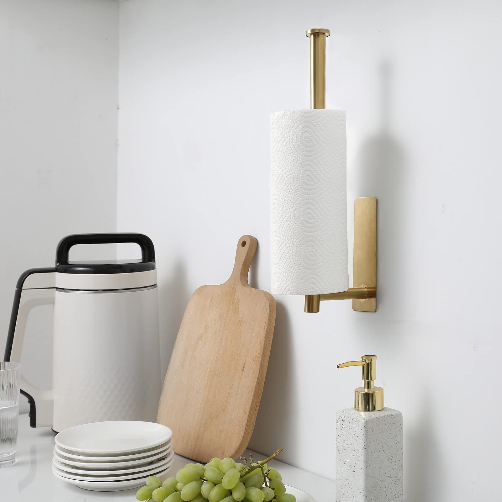 theaoo Gold Paper Towel Holder, Wall Mounted SUS304 Stainless Steel Rack, Adhesive Under Cabinet, Matte Black, Model zjj-001